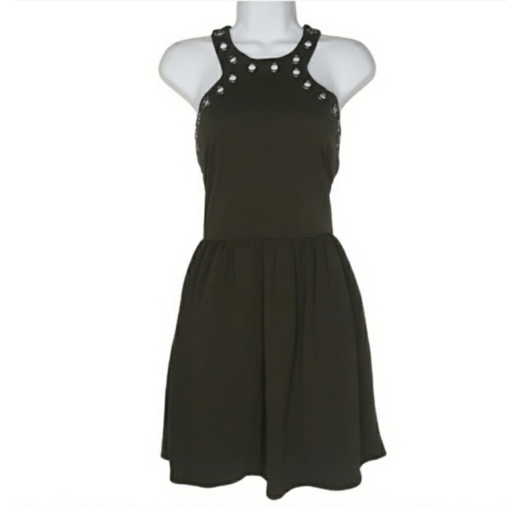 CITY TRIANGLES Green Gunmetal Silver Grommet Neckline A Line Dress Medium NWT